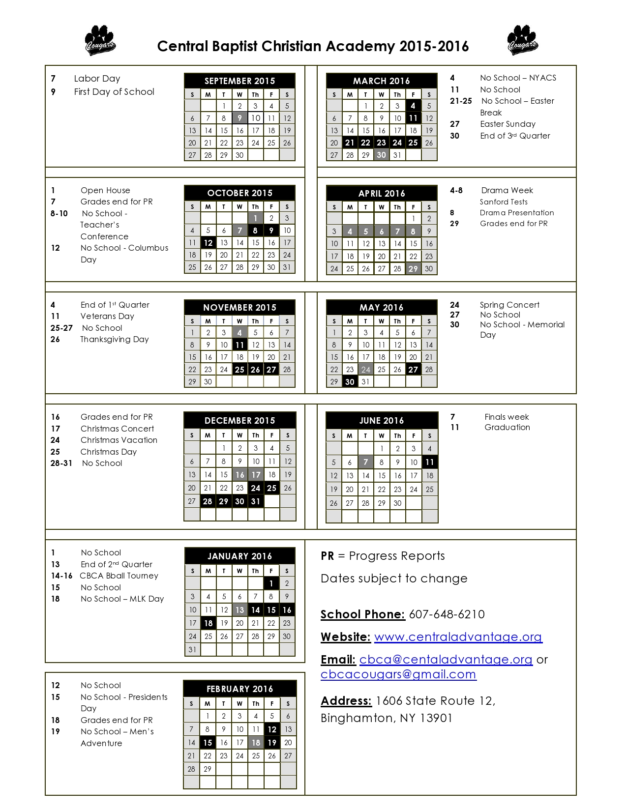 Calendars Central Baptist Christian Academy