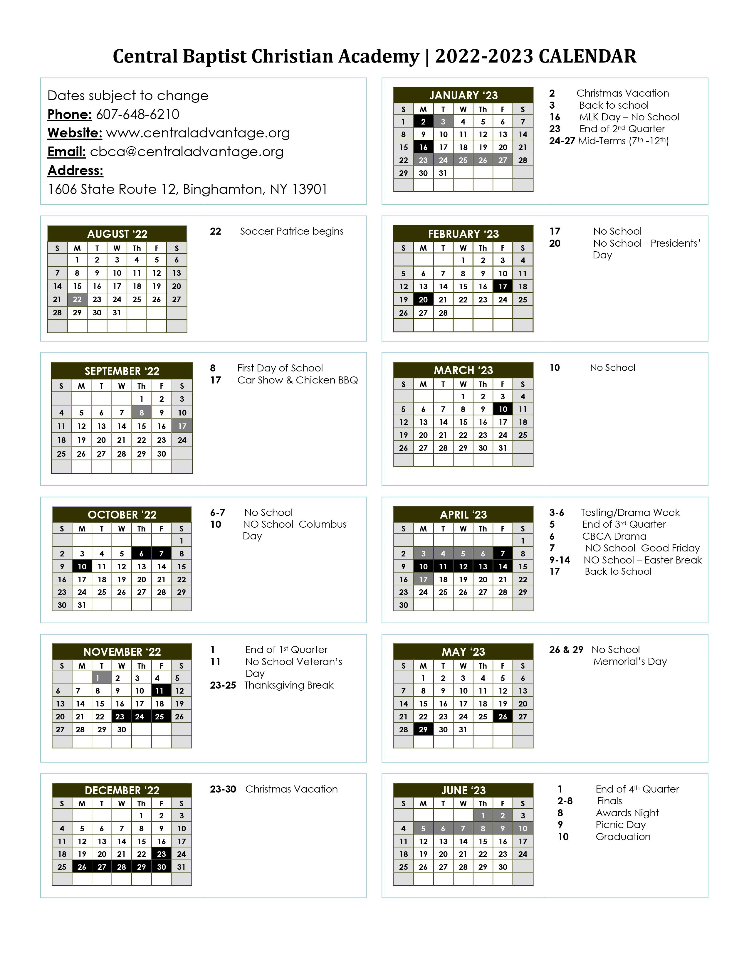 Calendars - Central Baptist Christian Academy